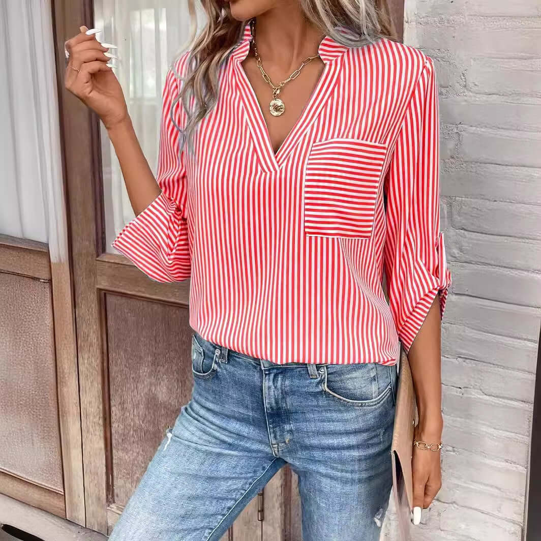 Women's V Neck Pullover Striped Printed Long Sleeves Casual Shirt