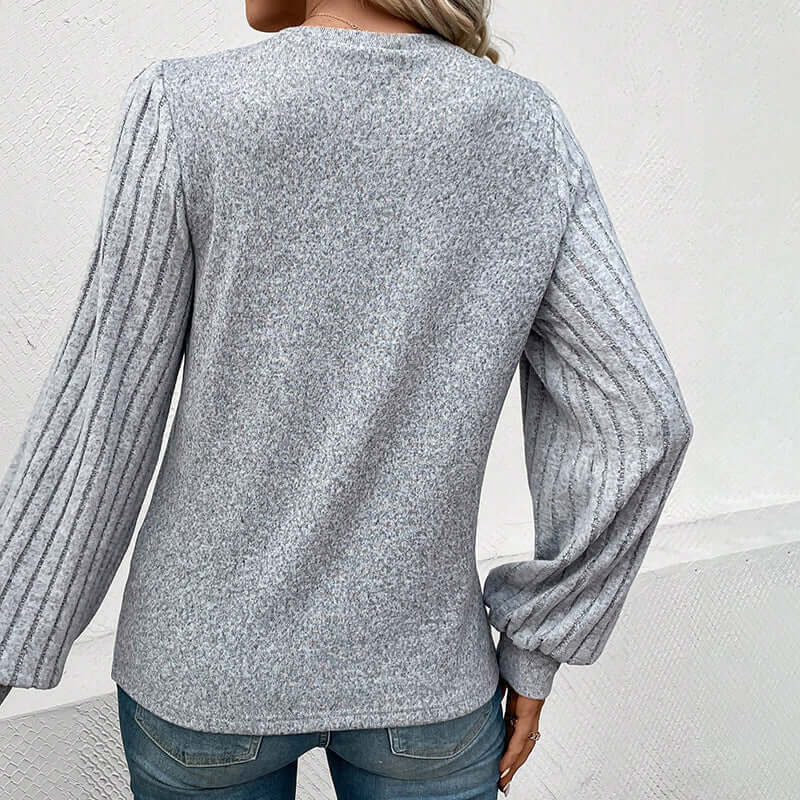 New Solid Color Simple Female Spring Thread Sunken Stripe Long Sleeve Pullover