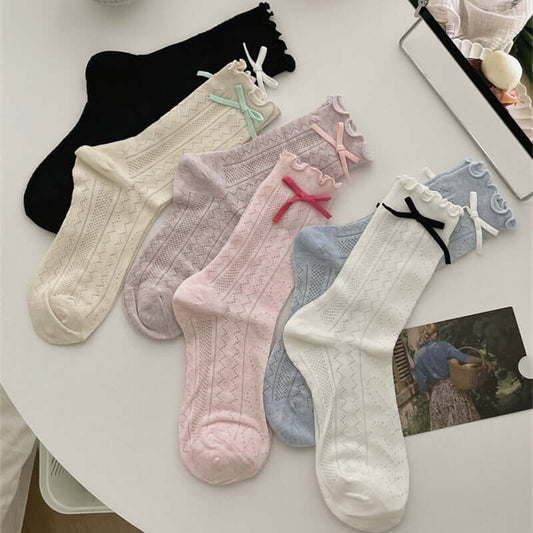 Thin Mesh Solid Color Bow Mid Calf Length Loose Socks Breathable Sweat Absorbing