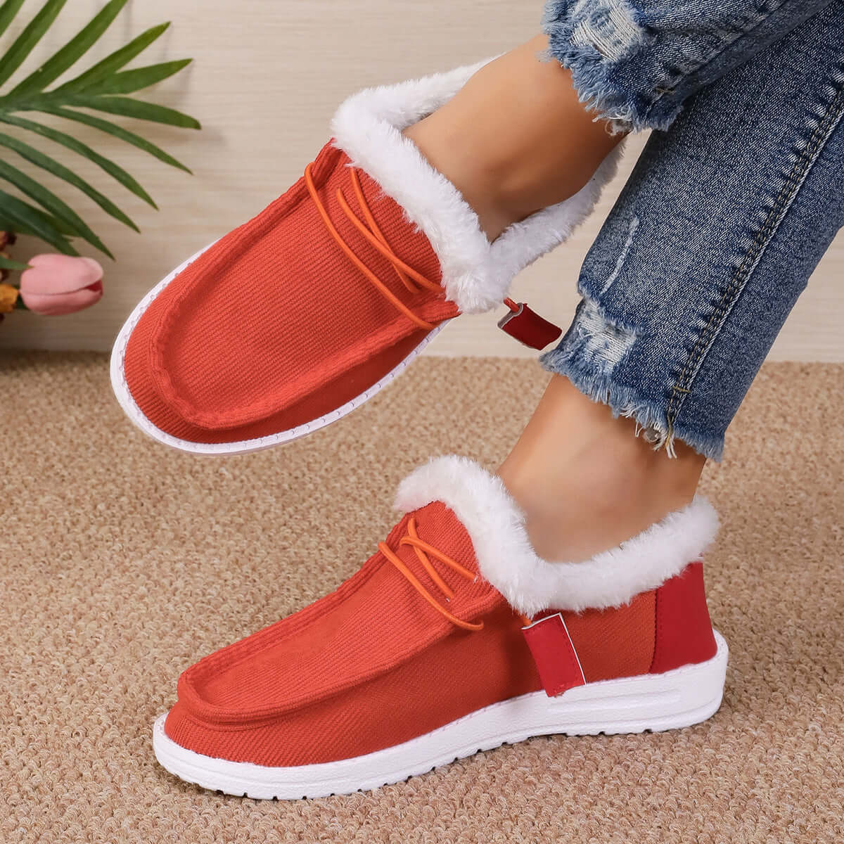 Women's Round Head Lace Plus Velvet Warm Slippers