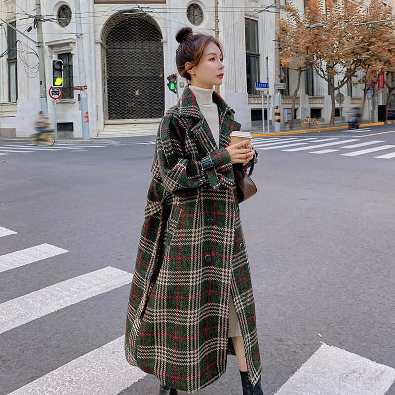 Green Plaid Loose Mid Length Woollen Coat