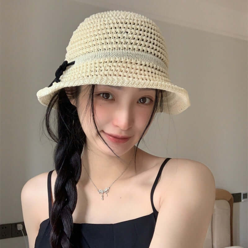 Summer Outing Hollow Out Bow Straw Hat Women's Japanese Style