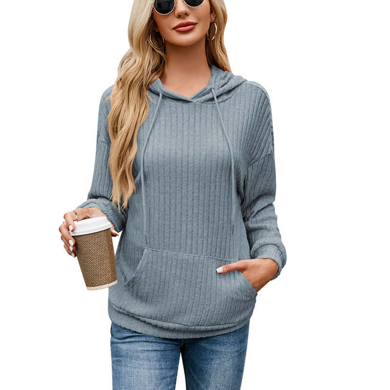 Women's Knitwear Hooded Sunken Stripe Kangaroo Pocket Sweatshirt