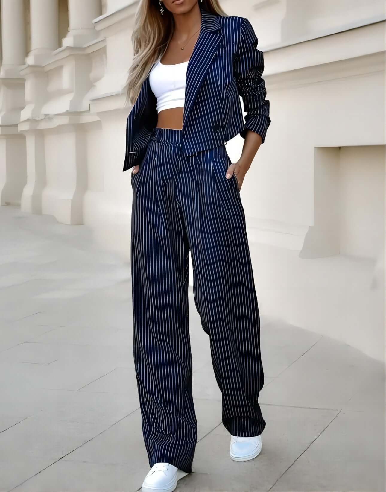 Fashion Striped Suits Casual Lapel Long Sleeve Cropped Top And Straight Pants