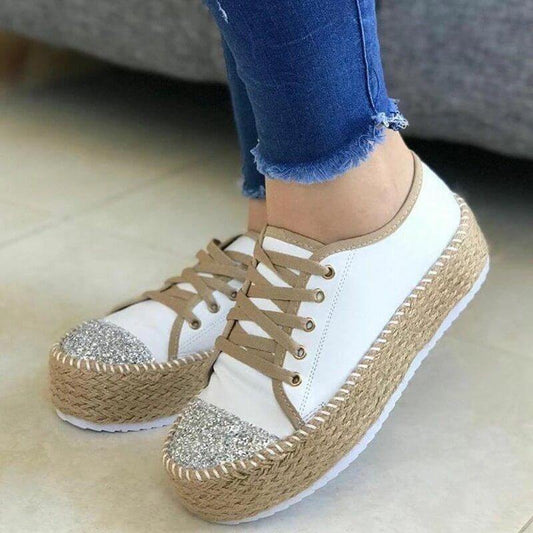 Sponge Cake Twine Bottom Sequined Lace Up Platform Fisherman Casual Shoes