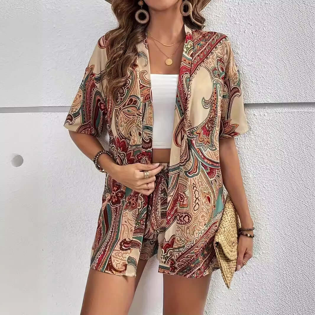 Holiday Floral Print Elegant Two Piece Shirt Short Sleeve Top Drawstring High Waist Shorts