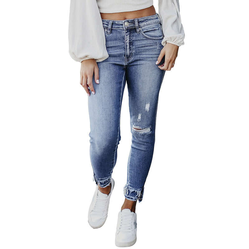 Spring Four Seasons Skinny Ripped Fashionable Frayed Hem Skinny Jeans