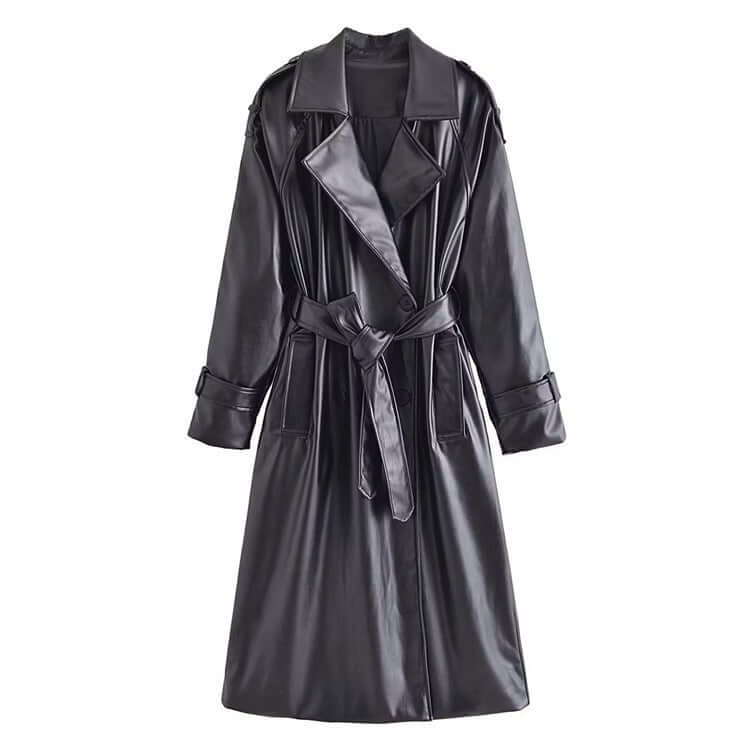 Autumn Long Sleeve Slim Fit With Belt Imitation Leather Trench Coat