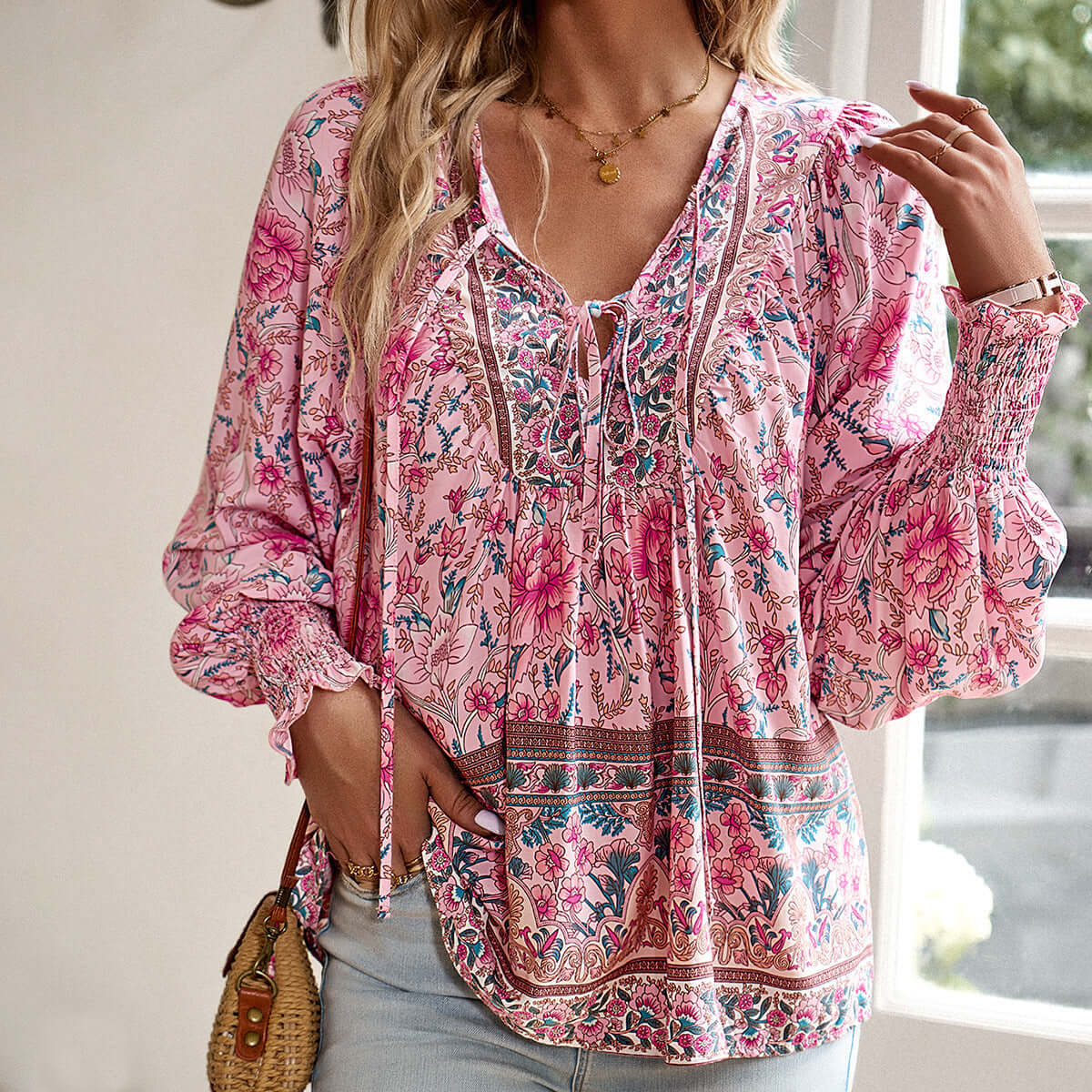 Stylish Printed Shirt Women V-neck Long Sleeve Top