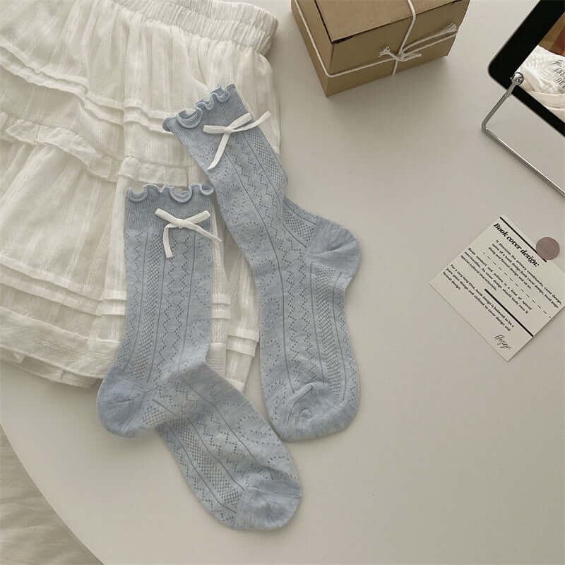 Thin Mesh Solid Color Bow Mid Calf Length Loose Socks Breathable Sweat Absorbing