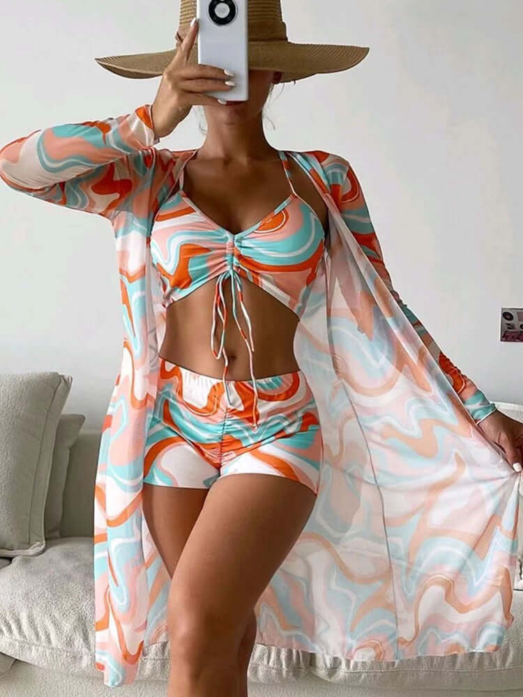 3 Pce Bikini With Long Sleeve Cardigan Summer Beach Swimsuit Set