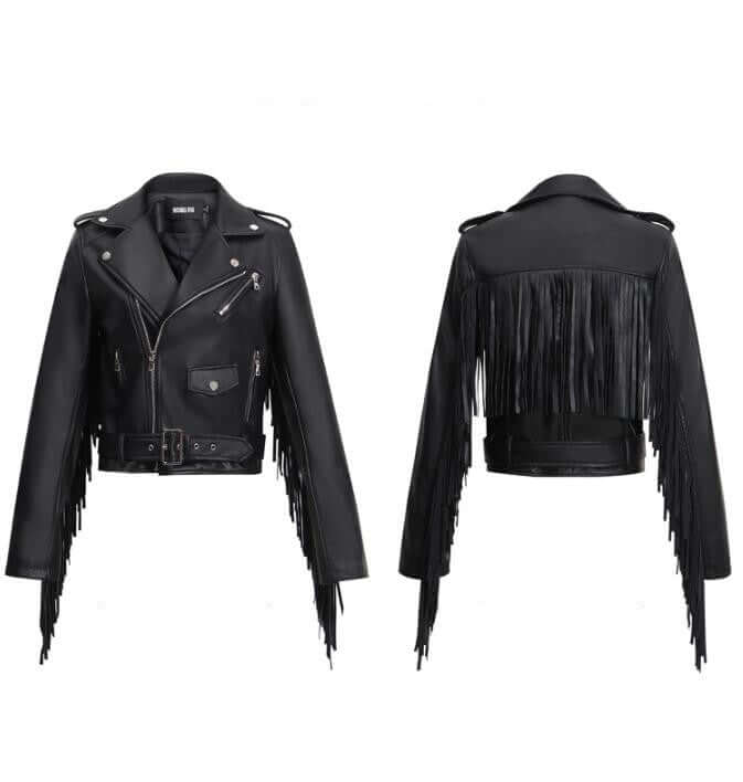 New Women's Tassel Short Slim Leather Look Jacket Motorcycle