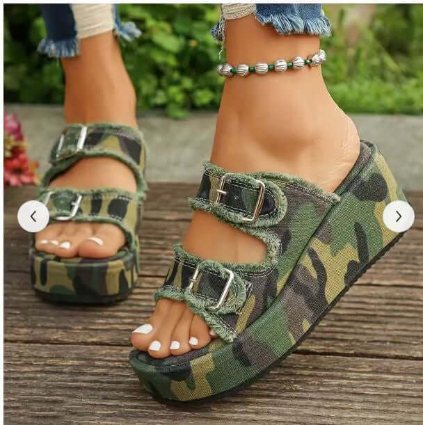 Denim Buckle Thick Bottom Camouflage Wedges