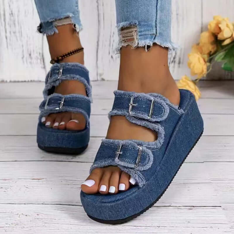 Denim Buckle Thick Bottom Camouflage Wedges