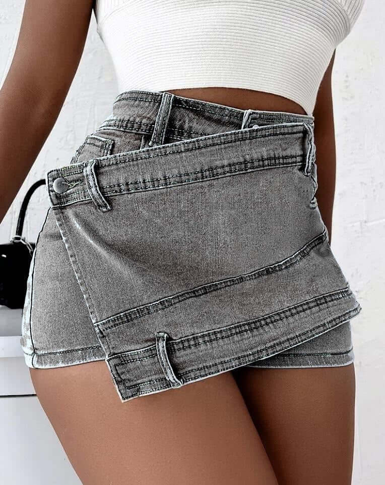 Street Vintage Denim Shorts Stretch Overlap Asymmetrical