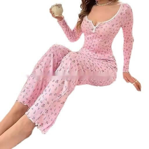 Small Floral Print Lettuce Edge Lace Collar Button Pyjamas Suit