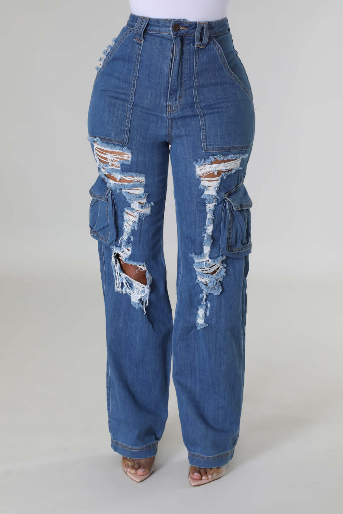 Women's Multi Bag Ripped Stretch Jeans