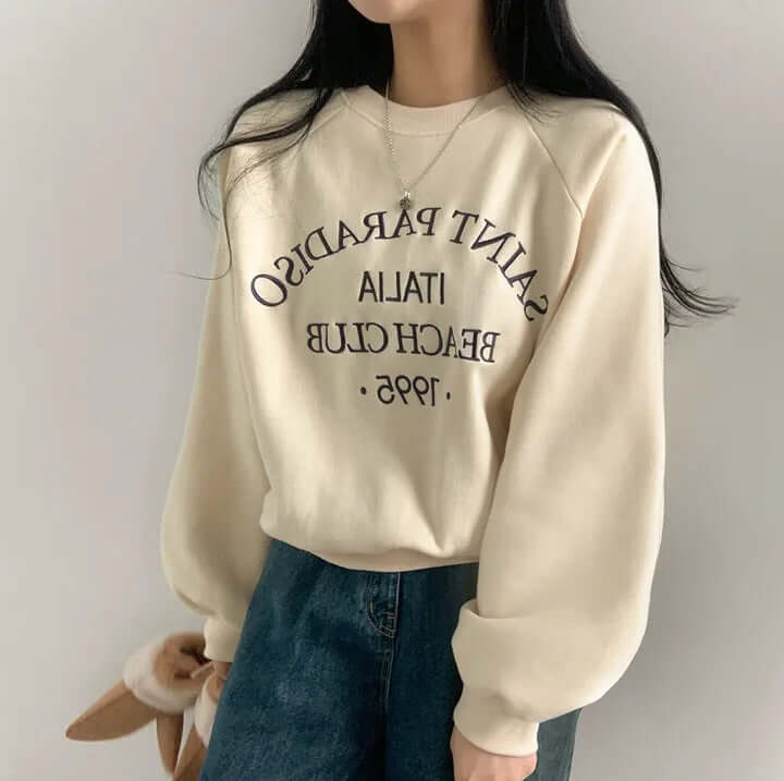 Light Letters Embroidery Velvet Thick Round Neck Sweatshirt