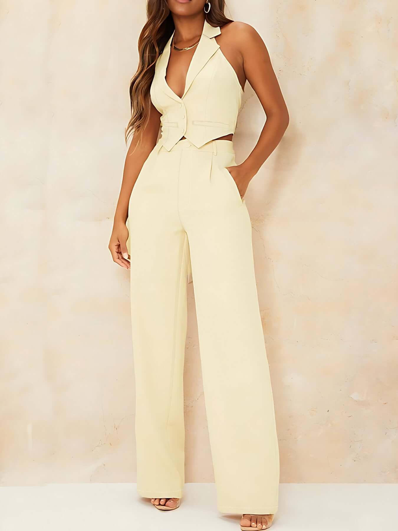 Niche Women's Asymmetric Collar Halter Vest Suit Casual Trousers Two Piece Suit