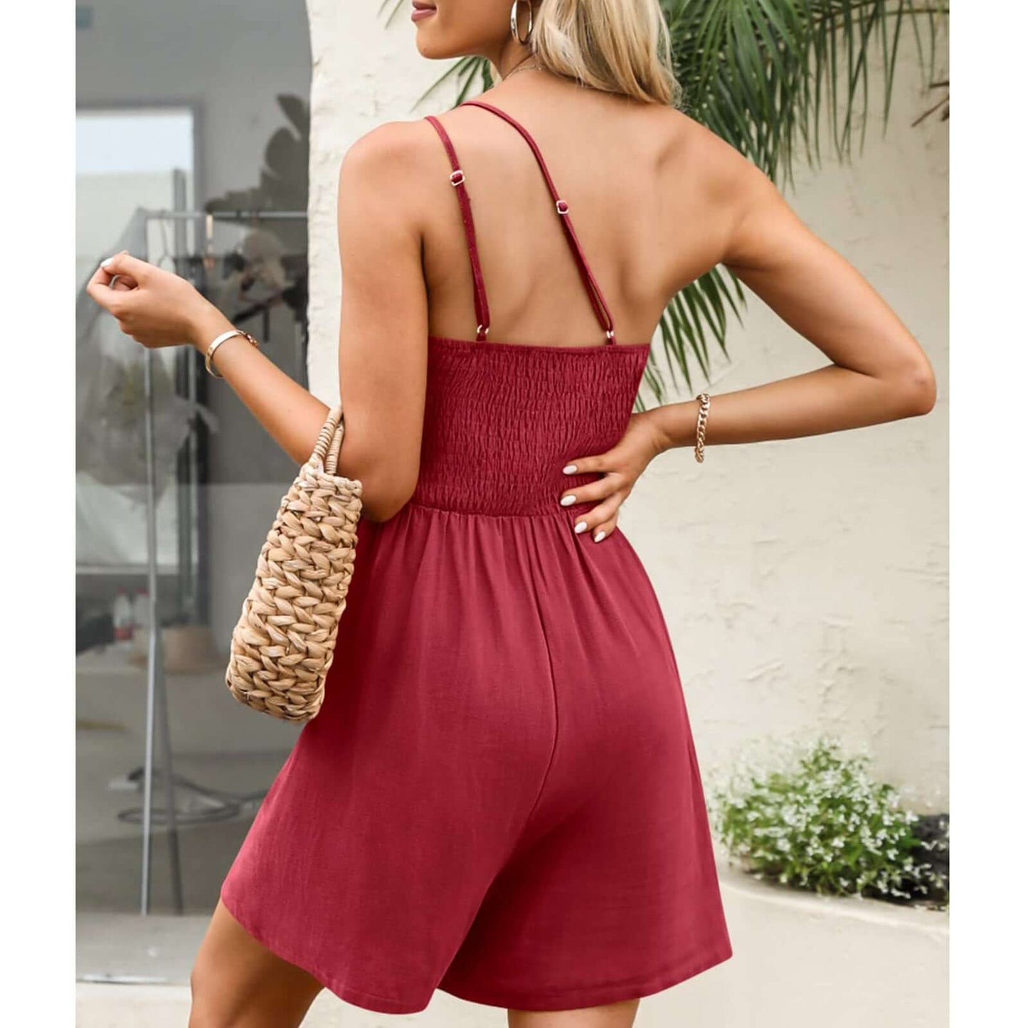 Women's Fashionable Solid Color Pleated Sleeveless One Piece Shorts