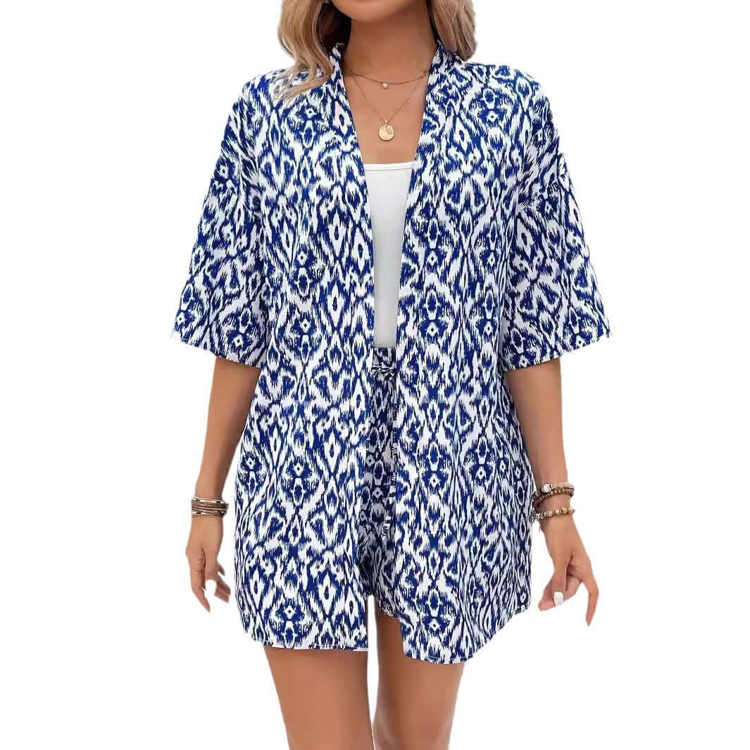 Fashion Loose Print Cardigan Short Suit