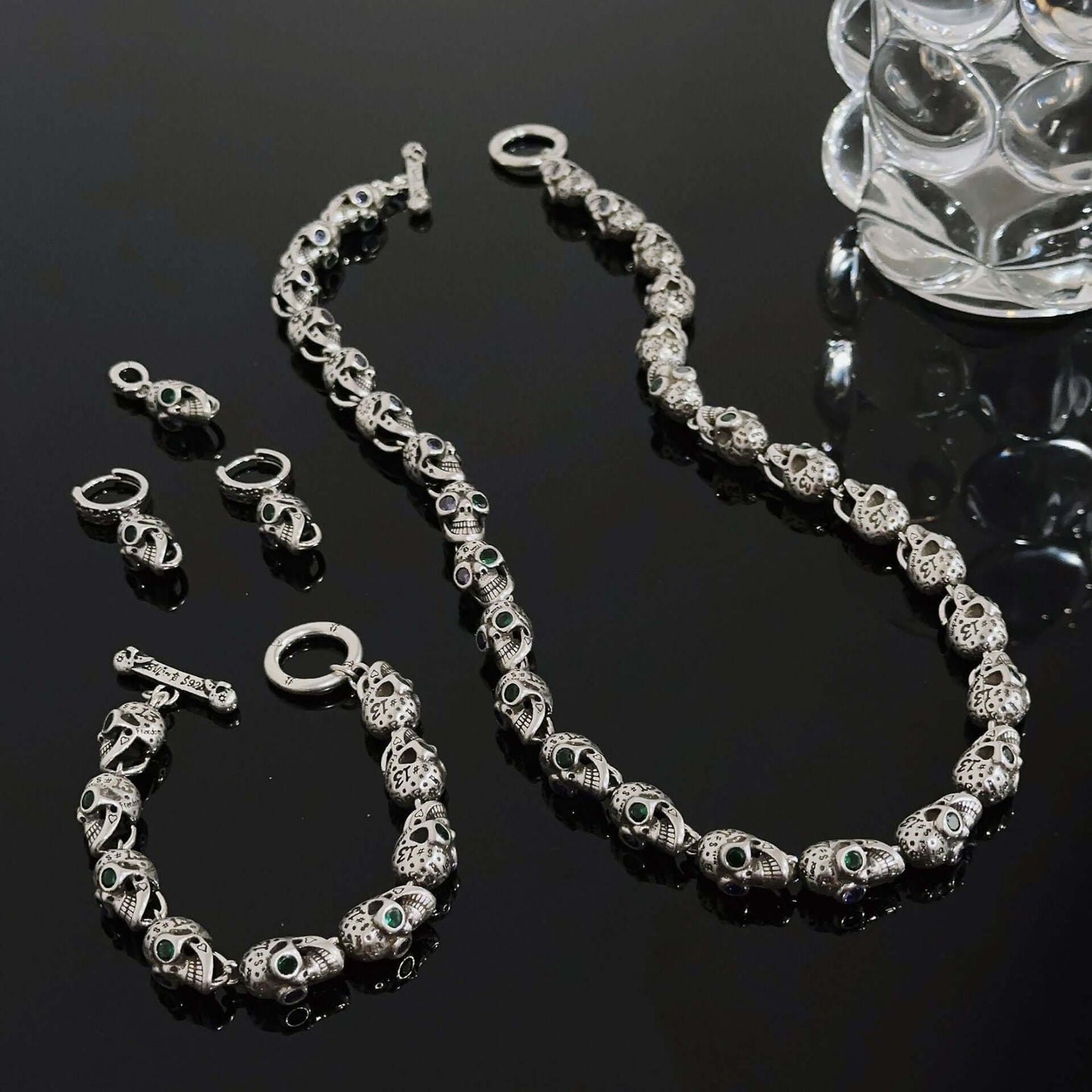 Silver Three Dimensional Heavy Industry Skull Necklace Bracelet Earrings