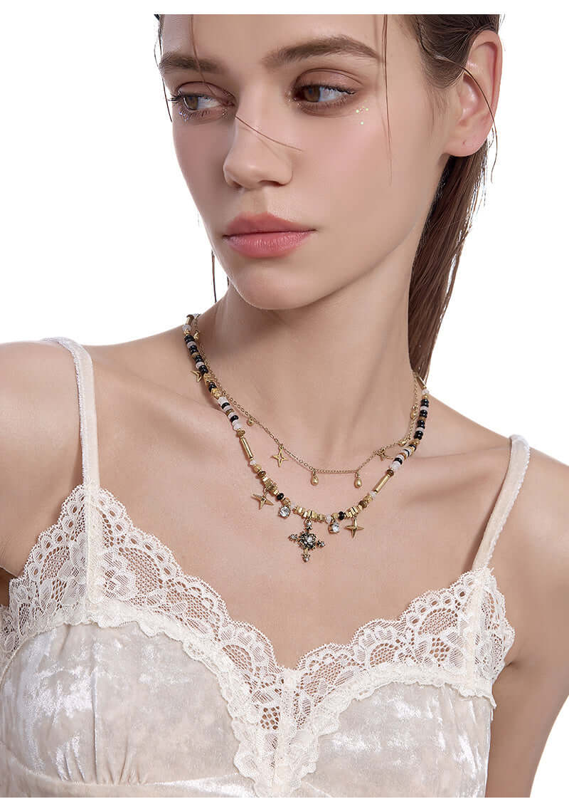 Nostalgic Series Trendy Cool Beaded Cross Neutral Double Layer New Sweater Chain Necklace