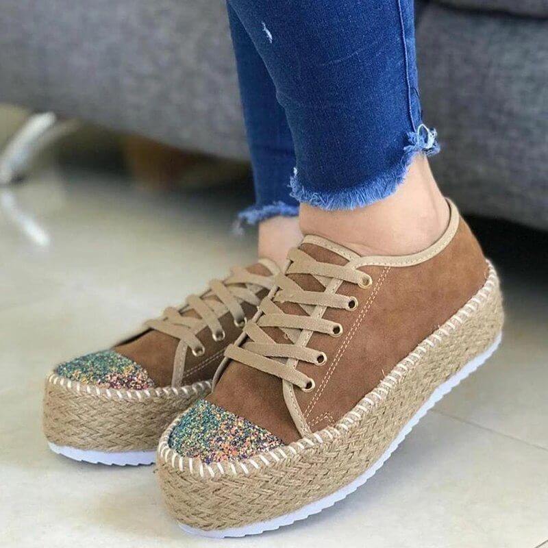 Sponge Cake Twine Bottom Sequined Lace Up Platform Fisherman Casual Shoes