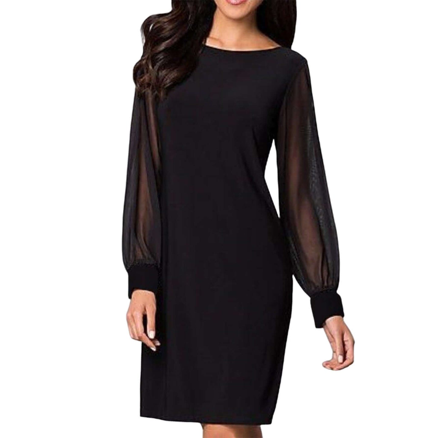 Solid Color Mesh Chiffon Stitching Long Sleeve  Dress