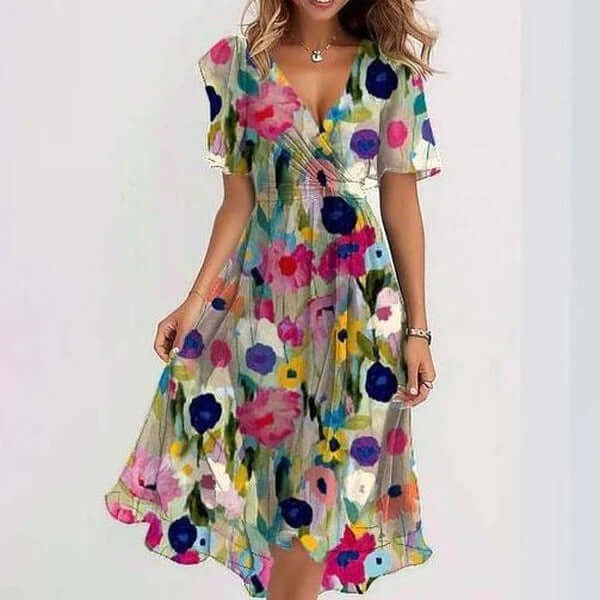 Chiffon Short Sleeve Summer Elegant V Neck Dresses