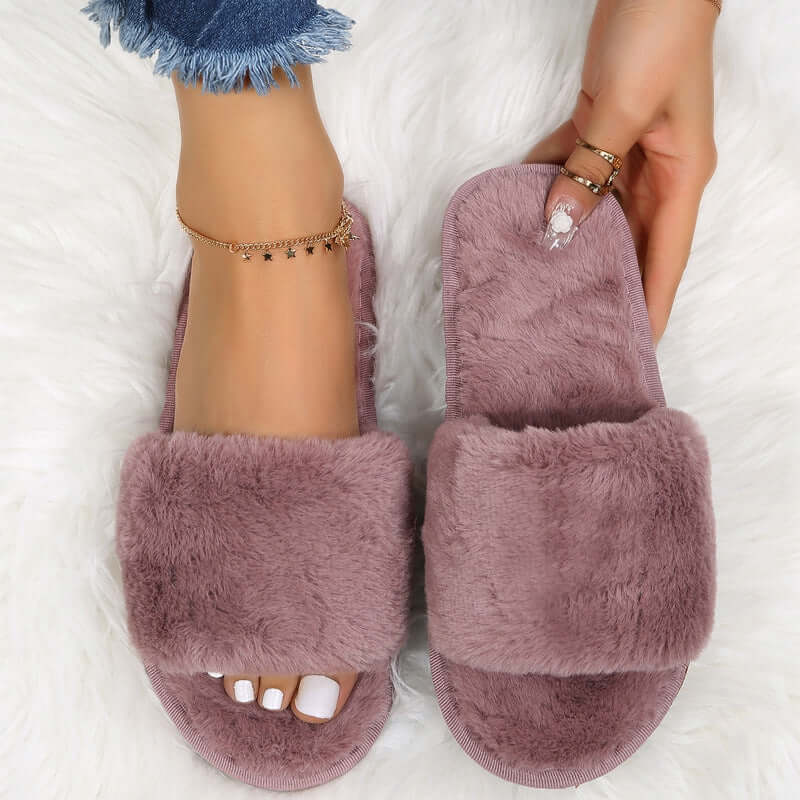 Fluffy Women's Indoor Lazy Plush Slippers Flat Cotton Slippers