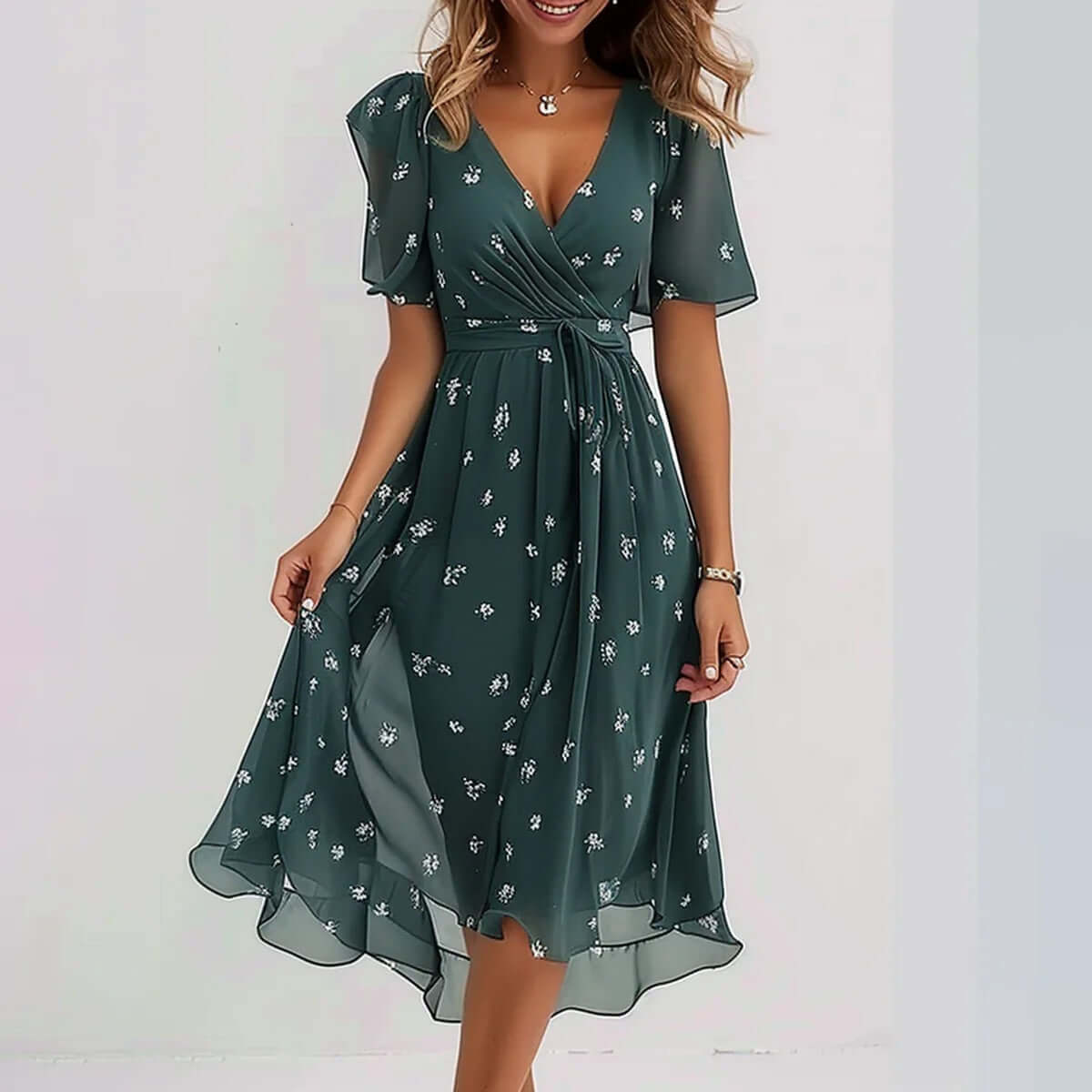 Chiffon Short Sleeve Summer Elegant V Neck Dresses