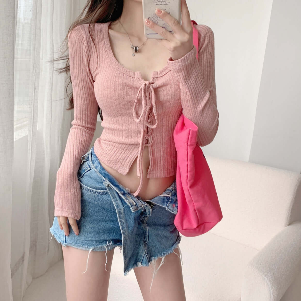 Women's U Neck Lace Up Cardigan Low Collar Long Sleeves T-shirt