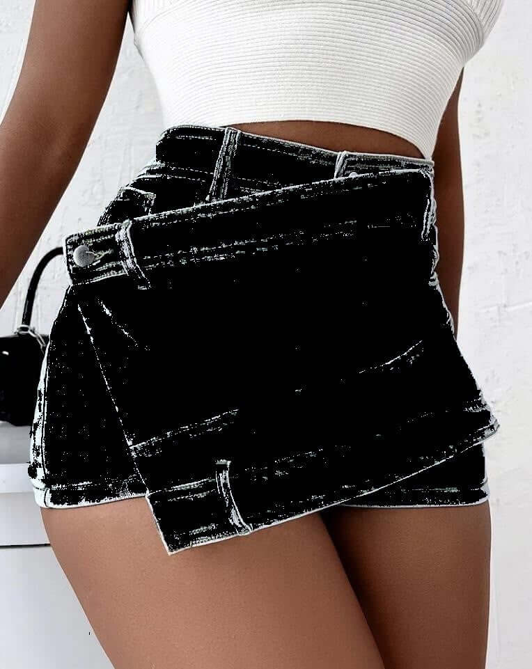 Street Vintage Denim Shorts Stretch Overlap Asymmetrical