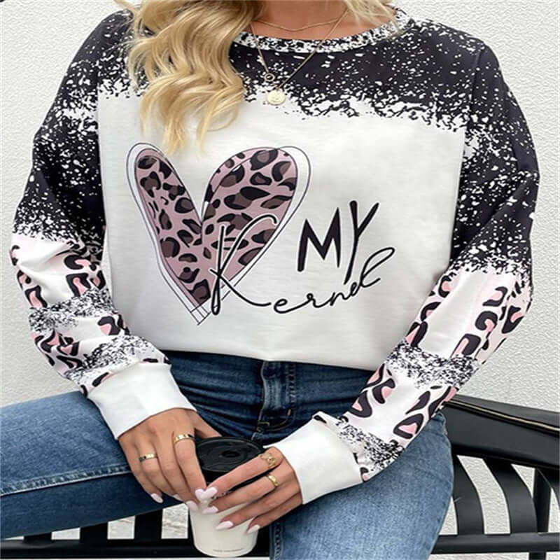 Round Neck Long Sleeve Casual Sweatshirt Loose Plus Size Print Sweatshirt