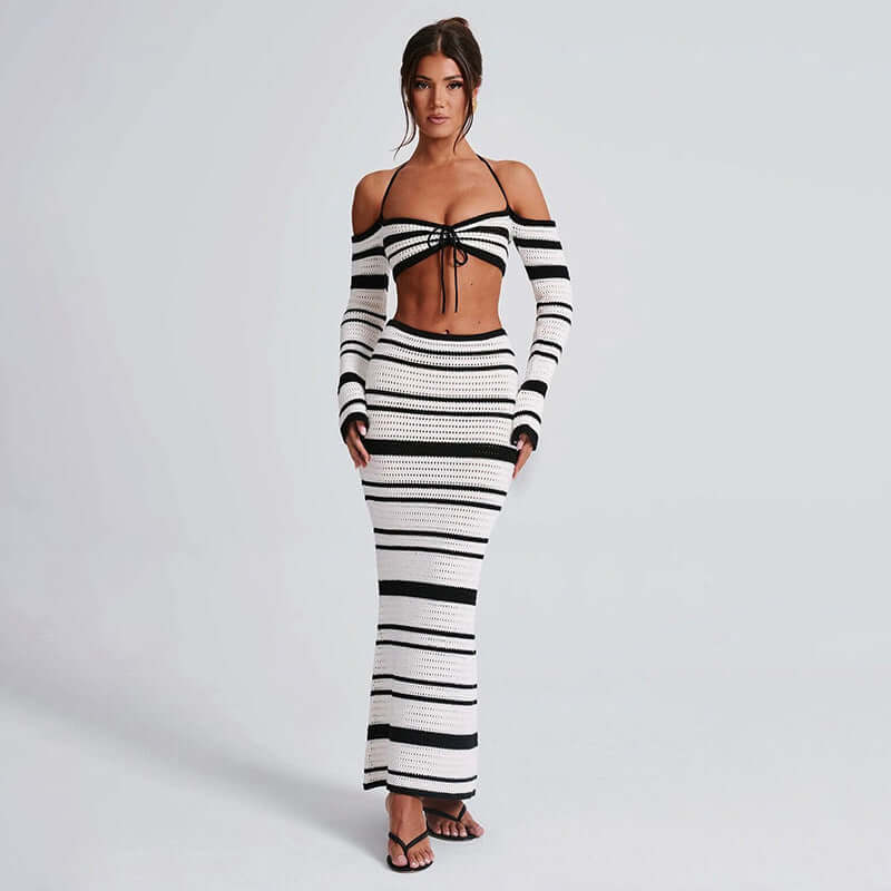 Women's Striped Off Shoulder Halter Lace Up Long Sleeve