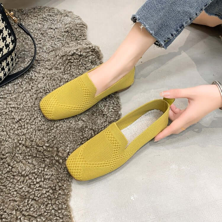 Square Toe Flat Bottom Flying Woven Pumps Female Slip On Casual Shoes