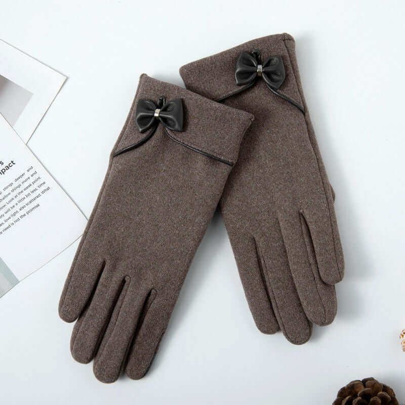 Fleece Lined De Suede Bow Gloves Touch Screen Warm Outdoor All Matching