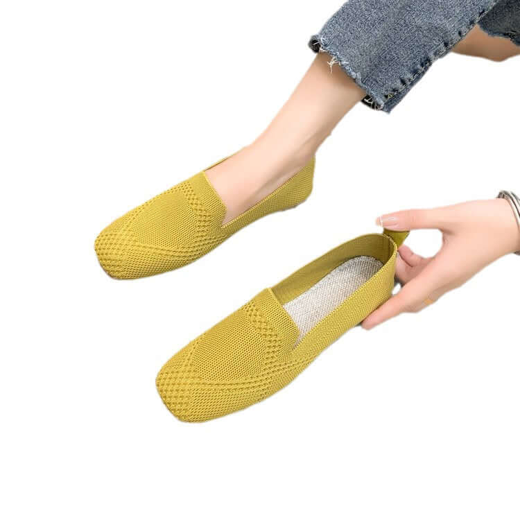 Square Toe Flat Bottom Flying Woven Pumps Female Slip On Casual Shoes