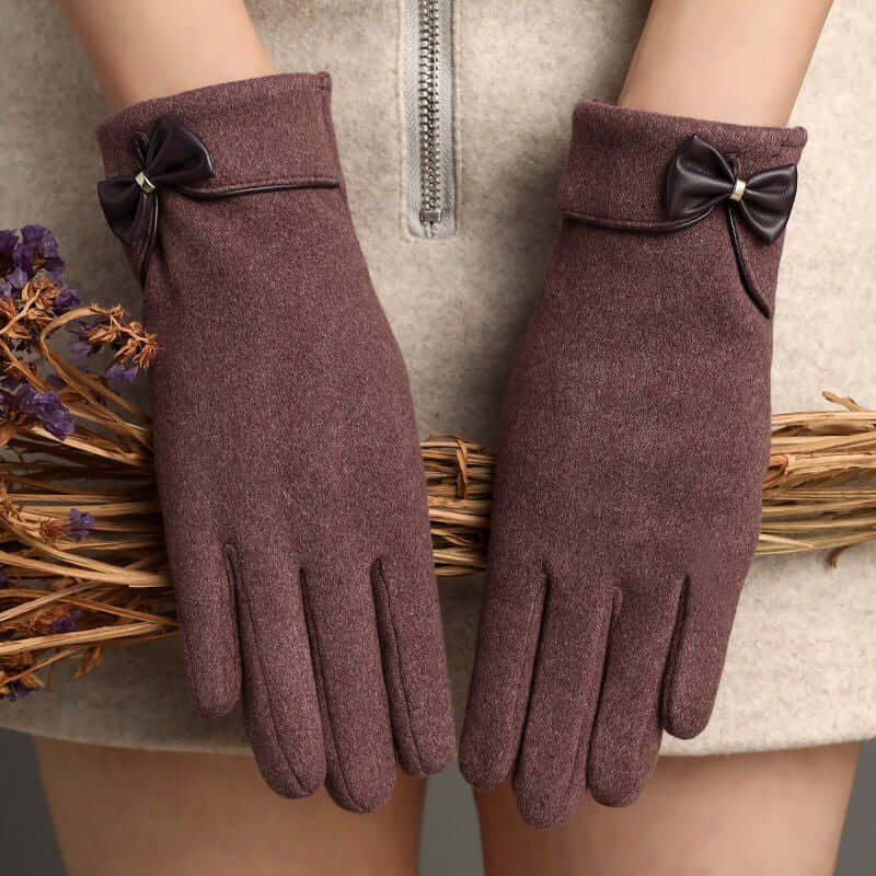 Fleece Lined De Suede Bow Gloves Touch Screen Warm Outdoor All Matching