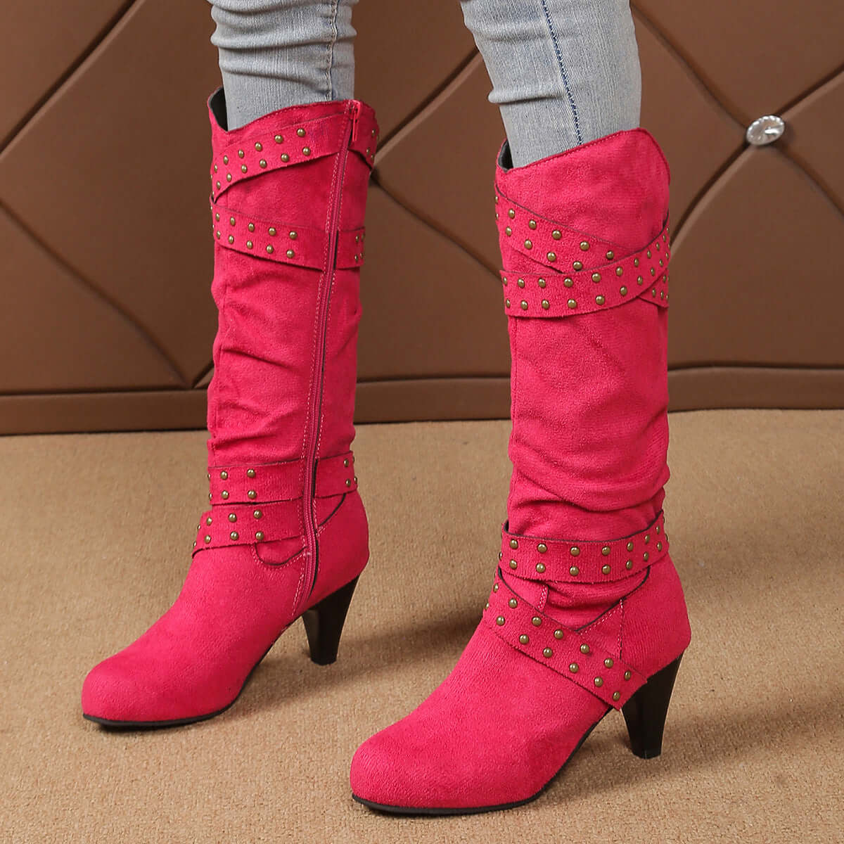 High Heel Boots With Cross Strap Rivet Western Cowboy Boot