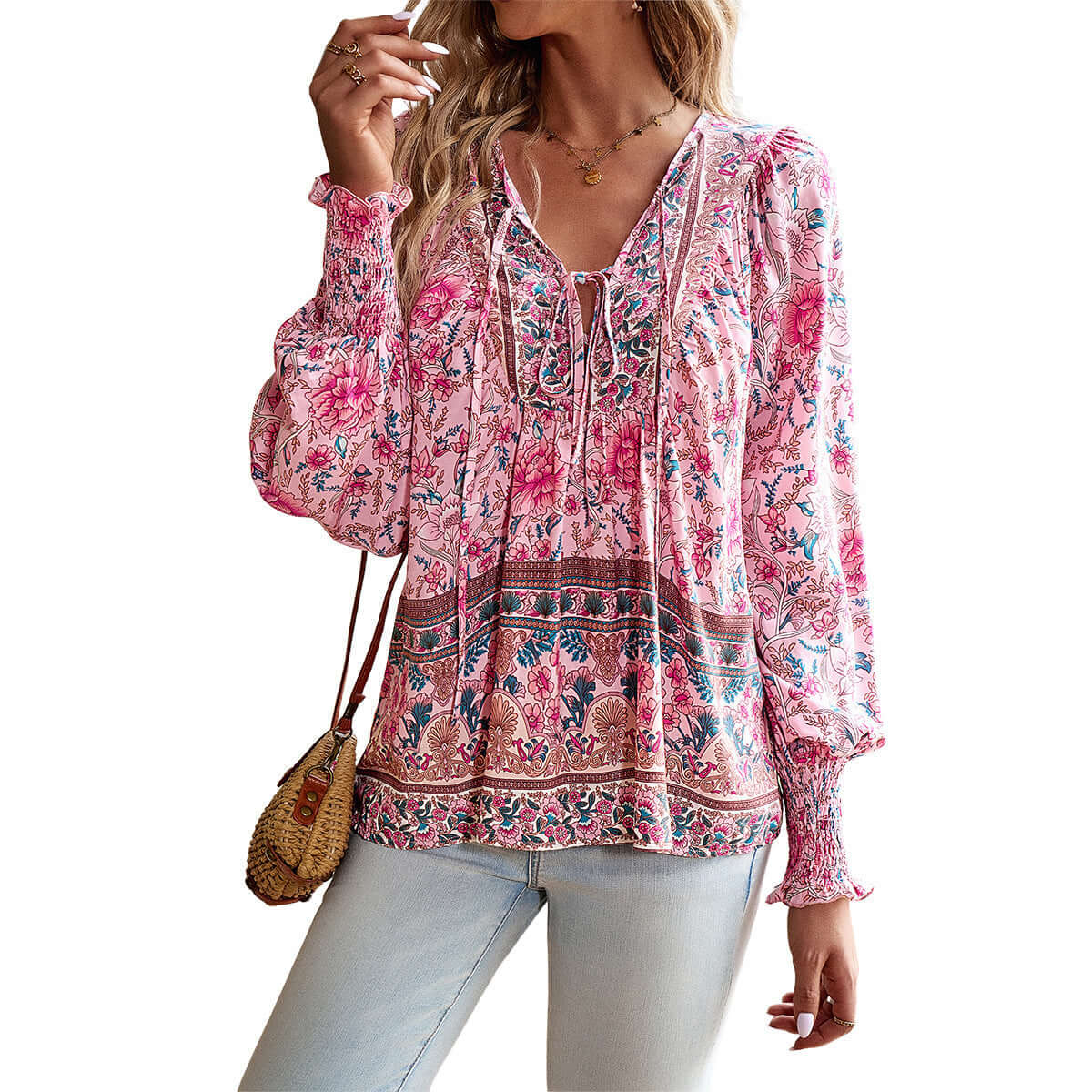 Stylish Printed Shirt Women V-neck Long Sleeve Top