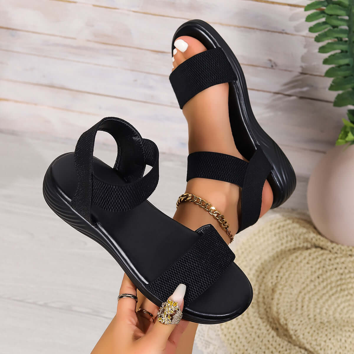 Color Block Elastic Sandals Summer Fashion Fish Mouth Flat Shoes