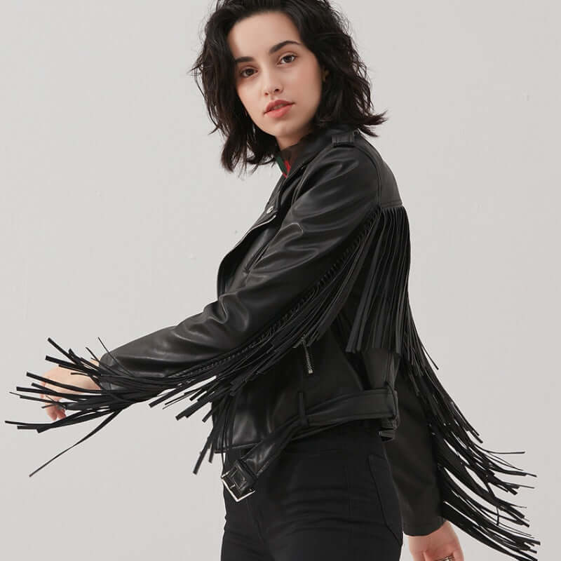 New Women's Tassel Short Slim Leather Look Jacket Motorcycle