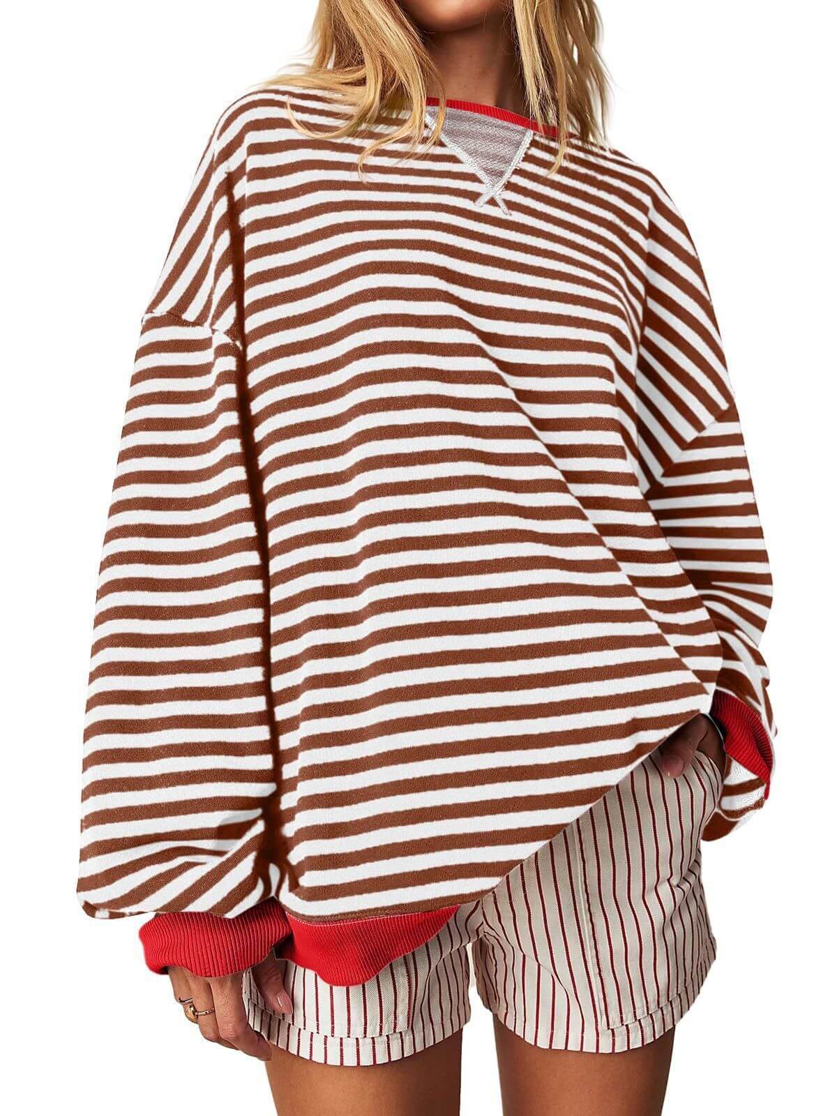 Women's Striped Embroidered Stitching Color Inserted Pullover Sweater