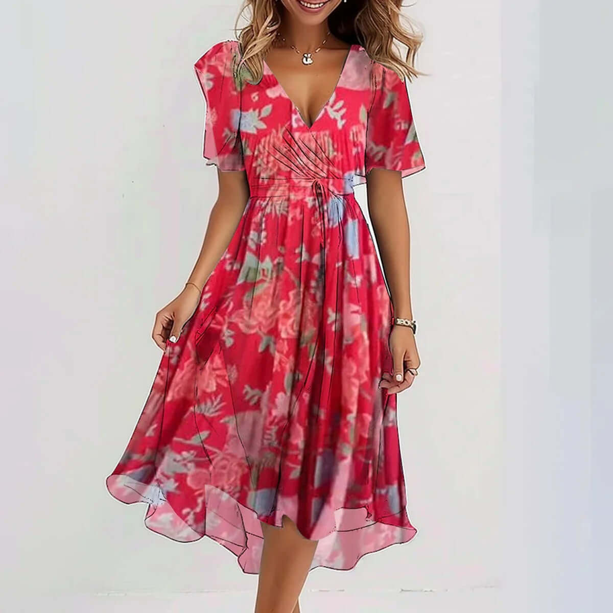 Chiffon Short Sleeve Summer Elegant V Neck Dresses