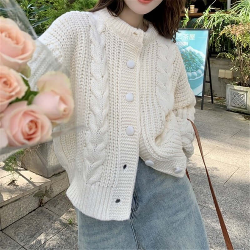 French White Soft Glutinous Sweater Coat Idle Style Knitted Cardigan