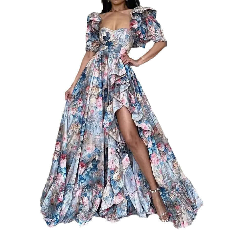 Female Collar Floral Slimming High Waist Slit Long Skirt