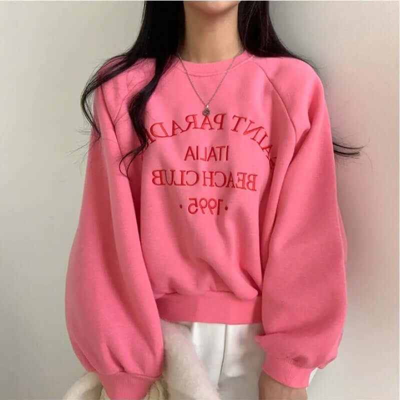 Light Letters Embroidery Velvet Thick Round Neck Sweatshirt