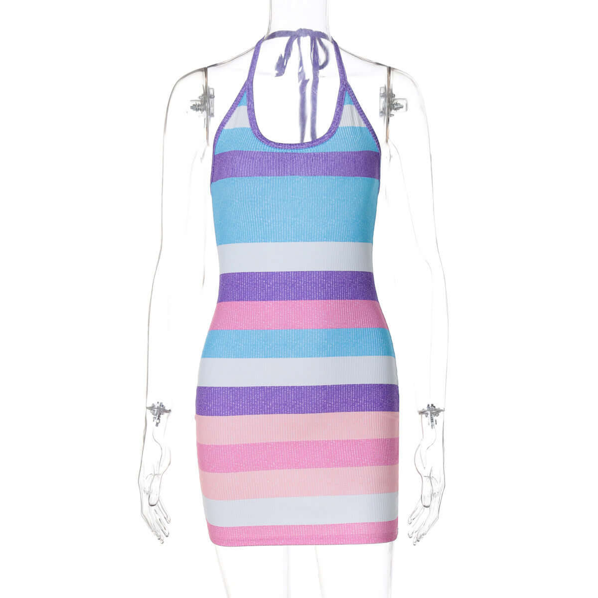 Stripes Printed Sexy Halter Backless Dress